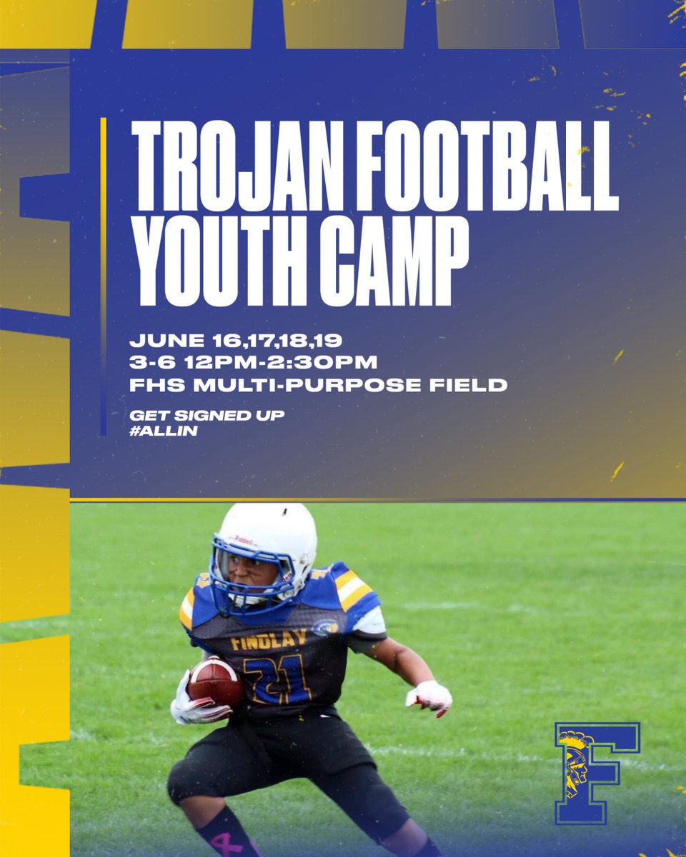 🏈 Findlay Trojans Football Camp - Sign Up NOW! 🏈

3 Sessions:
Grades K-2
Grades 3-6
Grades 7-8

Nearly 150 campers already! Register by 5 PM, Fri, 6/13/25. Tell a friend &amp; join the action! 

 findlaytrojans.com/sports/2021/6/…

#ALLIN