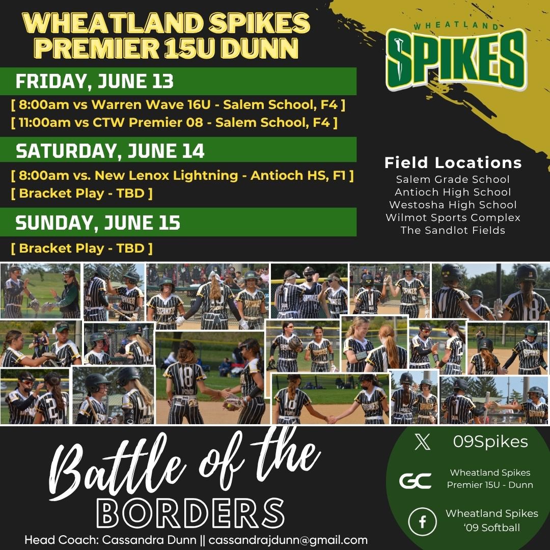 Addyson Dunn-2027 (@addysondunn2027) on Twitter photo Pool play schedule for this weekend at Battle of the Borders. Come check us out!! 💛💚 <a href="/09Spikes/">Wheatland Spikes Premier 09</a> Pool play schedule for this weekend at Battle of the Borders. Come check us out!! 💛💚 <a href="/09Spikes/">Wheatland Spikes Premier 09</a>