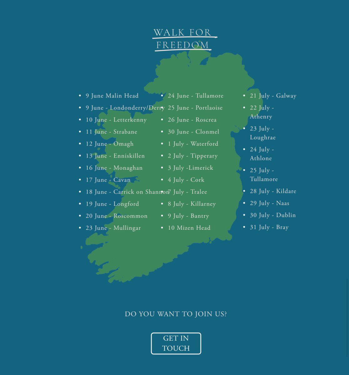 Walk For Freedom 👇👇👇
Here are dates 

walkingfree.org  #Ireland