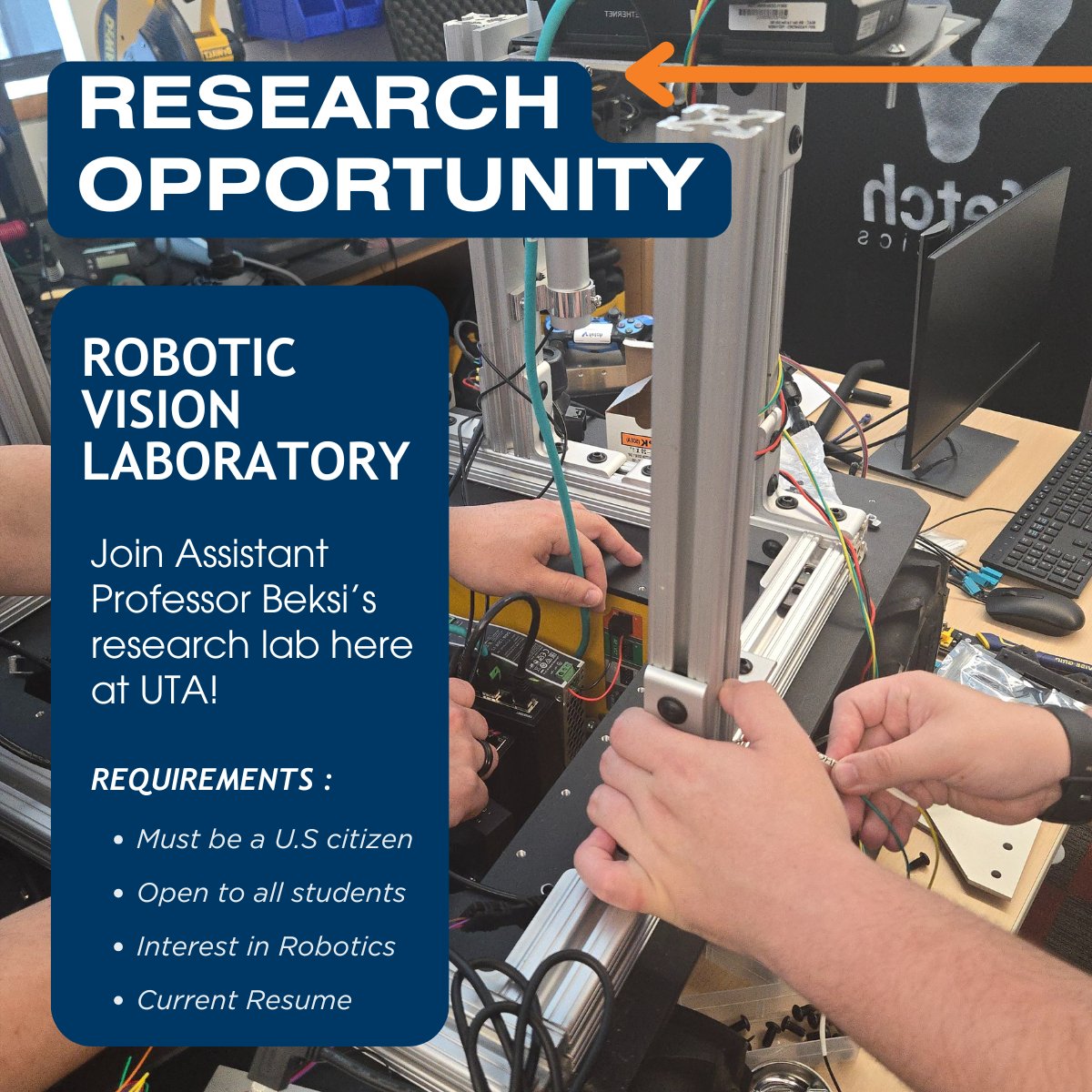 cseuta's tweet image. 🚨 Now recruiting UTA students!
Join Dr. William Beksi’s Robotic Vision Lab 🤖
Work on cutting-edge robotics, AI &amp;amp; ML projects funded by DoD &amp;amp; USDA.
🔗 Apply: tinyurl.com/bdazbt2t
🔍 Info: ranger.uta.edu/~wjbeksi/
#UTA #Robotics #AI #MachineLearning #STEMResearch