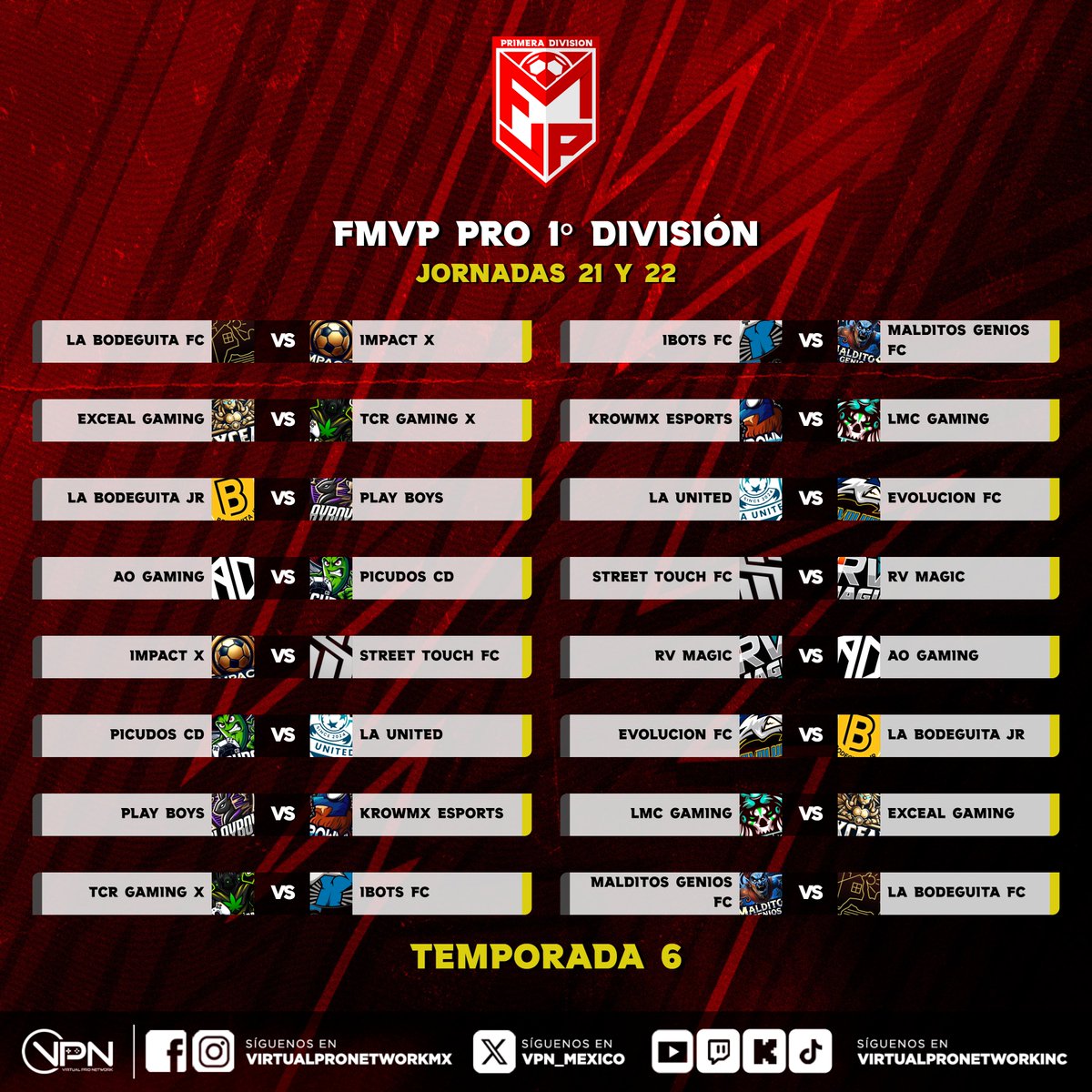 VPN_MEXICO's tweet photo. Estos serán los partidos de las Jornadas 21 y 22 que se jugarán hoy Martes 10 de Junio.

¿Quiénes son tus favoritos para clasificar a Playoffs?

#fmvppro #matchdayfmvp #LigasVPN #vpnmexico #eafc25 #VirtualProNetwork #ClubesPro #ClubesPro #matchday #ProClubs https://t.co/CY3IqAThVA