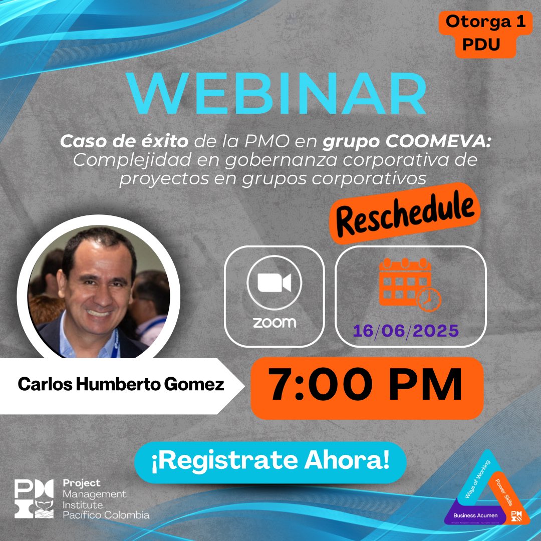 📅 Cuándo:  16 de junio de 2025 🕖 Hora: 19:00 a 20:00 (hora Colombia) 📍 Dónde: Plataforma Zoom 👥 Dirigido a: Público general

🔗 Inscríbete y asegura tu cupo: us06web.zoom.us/meeting/regist…

#PMIPacífico #WebinarPMI #GestiónDeProyectos #PMO