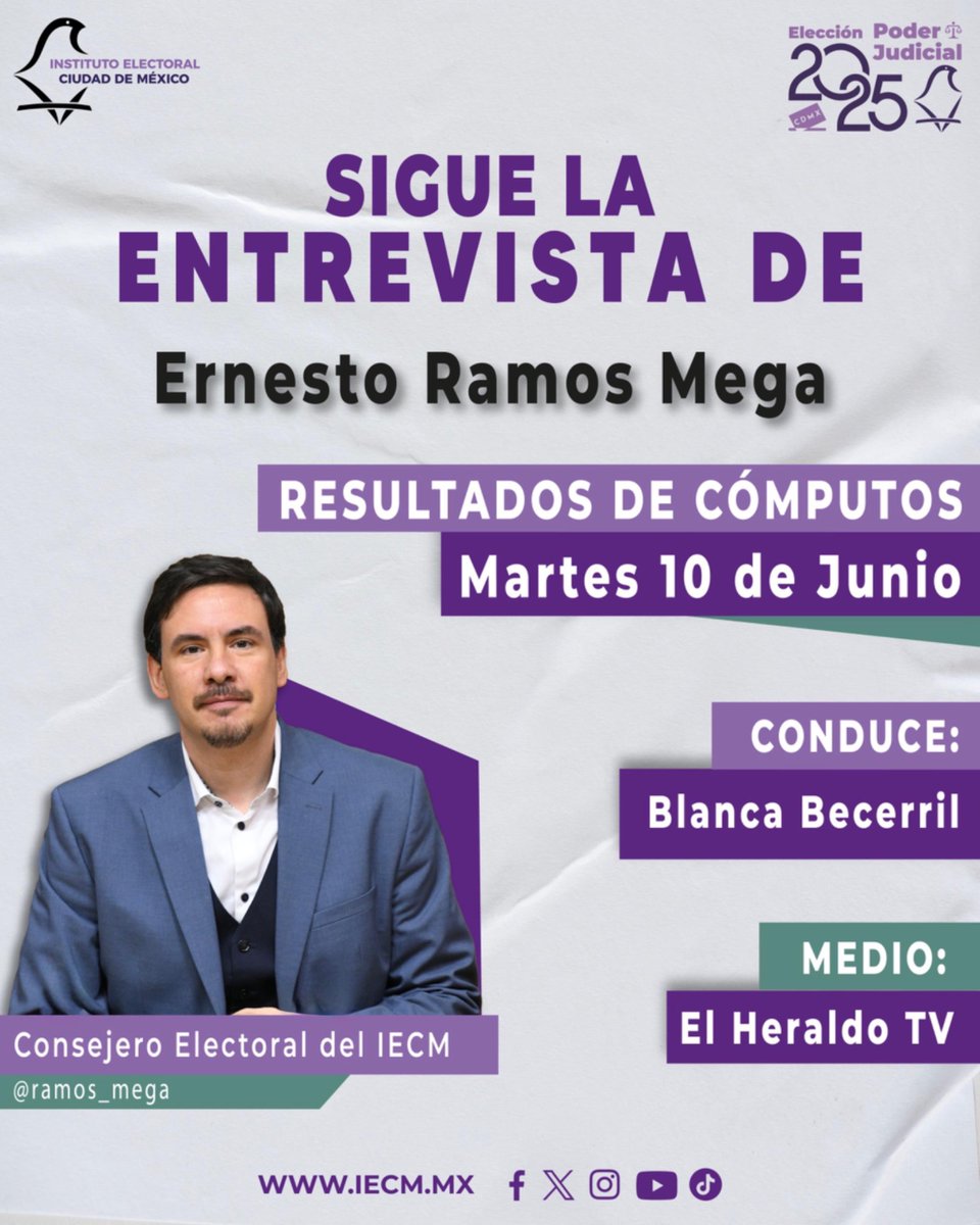 IECM (@iecm) on Twitter photo 🚨¡Al aire! 🚨
Sigue la entrevista del Consejero Electoral del #IECM <a href="/ramos_mega/">Ernesto Ramos Mega</a> sobre los resultados de cómputos con <a href="/BlancaBecerril/">Blanca Becerril</a> por <a href="/heraldodemexico/">El Heraldo de México</a> . 📺🗳️
#EleccionJudicial #IECM 🚨¡Al aire! 🚨
Sigue la entrevista del Consejero Electoral del #IECM <a href="/ramos_mega/">Ernesto Ramos Mega</a> sobre los resultados de cómputos con <a href="/BlancaBecerril/">Blanca Becerril</a> por <a href="/heraldodemexico/">El Heraldo de México</a> . 📺🗳️
#EleccionJudicial #IECM