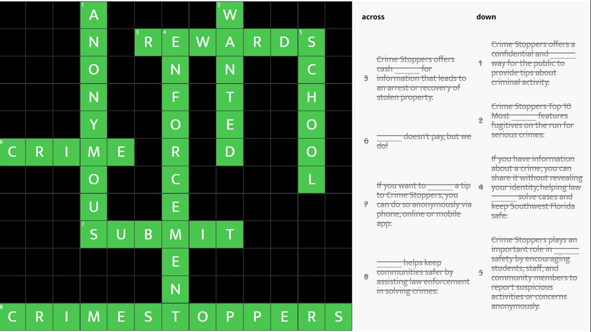 LET'S FIND OUT THE CROSSWORD ANSWERS TOGETHER 🤩

Thanks for participating.

Enjoy the rest of your weekend!

Remember, Crime Stoppers is available 24/7 to take your anonymous tips.
