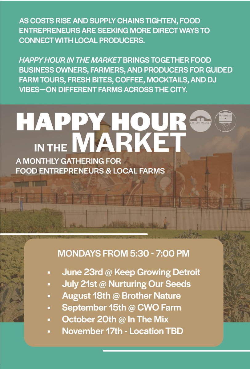 Join us for Happy Hour in the Market!

Happy Hour in the Market brings together food business owners, farmers, and producers for guided farm tours, fresh bites, and DJ vibes.

Every 3rd Monday on each month from 5:30 PM - 7:00 PM. Locations vary📍

eventbrite.com/cc/happy-hour-…