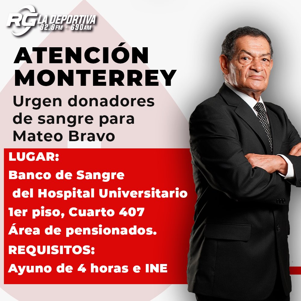 Invitamos a toda la comunidad de RG a apoyar a nuestro querido compañero Mateo Bravo con una donación de sangre.

📍 Lugar: Banco de Sangre del Hospital Universitario
🏥 1er Piso, Cuarto 407, área de pensionados
🕒 Horario: Acude lo antes posible

🔴 Requisitos para donar:
24