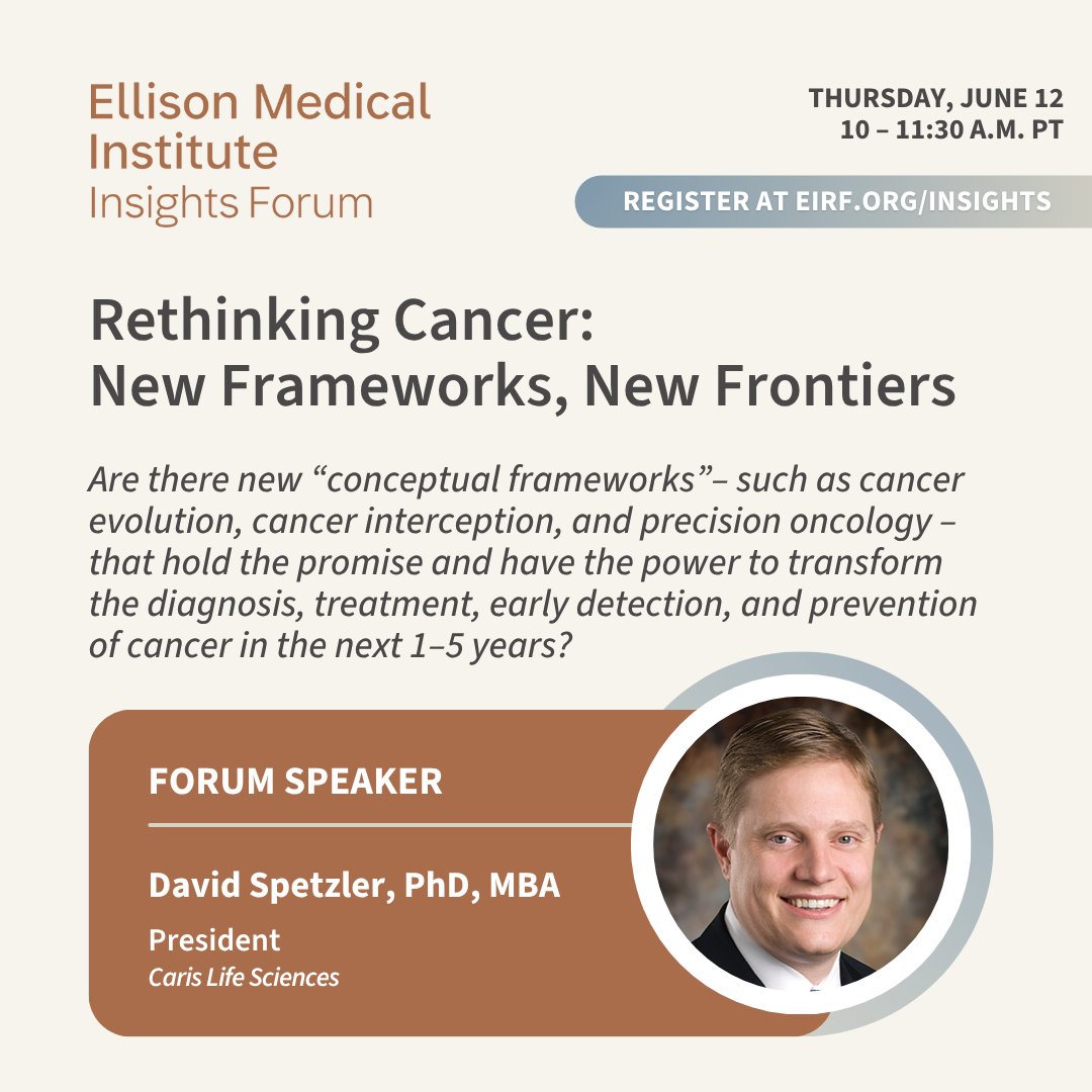 Ellison Medical Institute (@emilosangeles) on Twitter photo Dr. David Spetzler, CEO of <a href="/carisls/">Caris Life Sciences</a>, joins us for our EMI Insights Forum on June 12!
A leader in molecular science and precision medicine, Dr. Spetzler will share how recent advancements in research are shaping a new era in cancer detection, treatment, and prevention.
RSVP: Dr. David Spetzler, CEO of <a href="/carisls/">Caris Life Sciences</a>, joins us for our EMI Insights Forum on June 12!
A leader in molecular science and precision medicine, Dr. Spetzler will share how recent advancements in research are shaping a new era in cancer detection, treatment, and prevention.
RSVP: