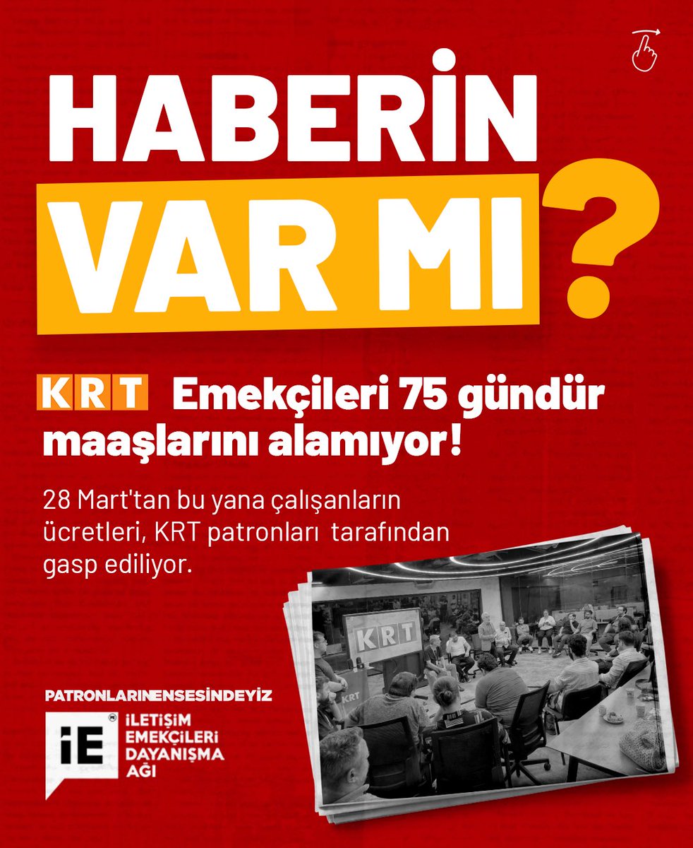 🟧 Haberin var mı?

28 Mart'tan bu yana çalışanların ücretleri, KRT patronları tarafından gasp ediliyor!

#KRTİşçisiKazanacak