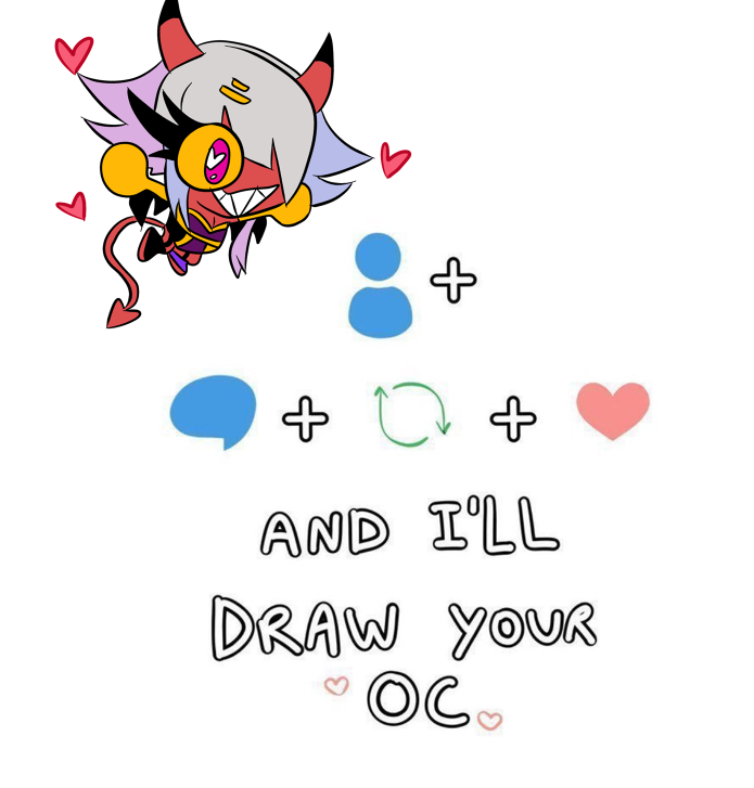 As a small thank you for your support! ❤️

Drop a follow, RT, Like and a reference of your Hazbin OC and when I need to do a quick warmup or feel like doodling I will pick one at random to draw!

(Can range from Chibis, busts etc depends what mood I'm in)

#hazbinhoteloc