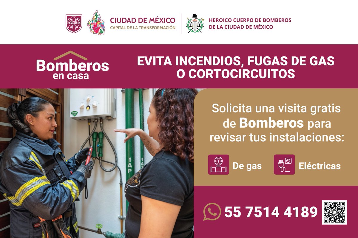 Podemos prevenir incendios, fugas de gas y cortocircuitos con nuestros #BomberosEnCasa. 🏡

Con este programa puedes solicitar una revisión gratuita de tus instalaciones de gas y luz, solo envía un mensaje de WhatsApp al: 55 7514 4189. 📞