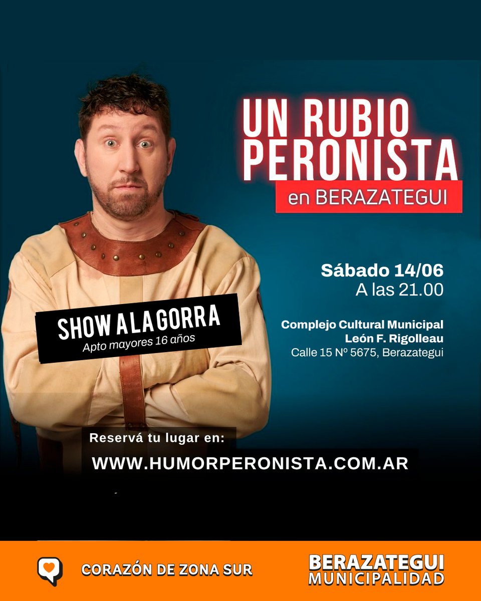Este sábado tendremos noche de teatro con "Un rubio peronista" 🎭

Te esperamos para divertirnos con este unipersonal que lleva el humor político, nacional y popular a cada rincón de la Argentina

¡No te lo pierdas!

🎟️ A la gorra. Reserva tu anticipada en humorperonista.com.ar