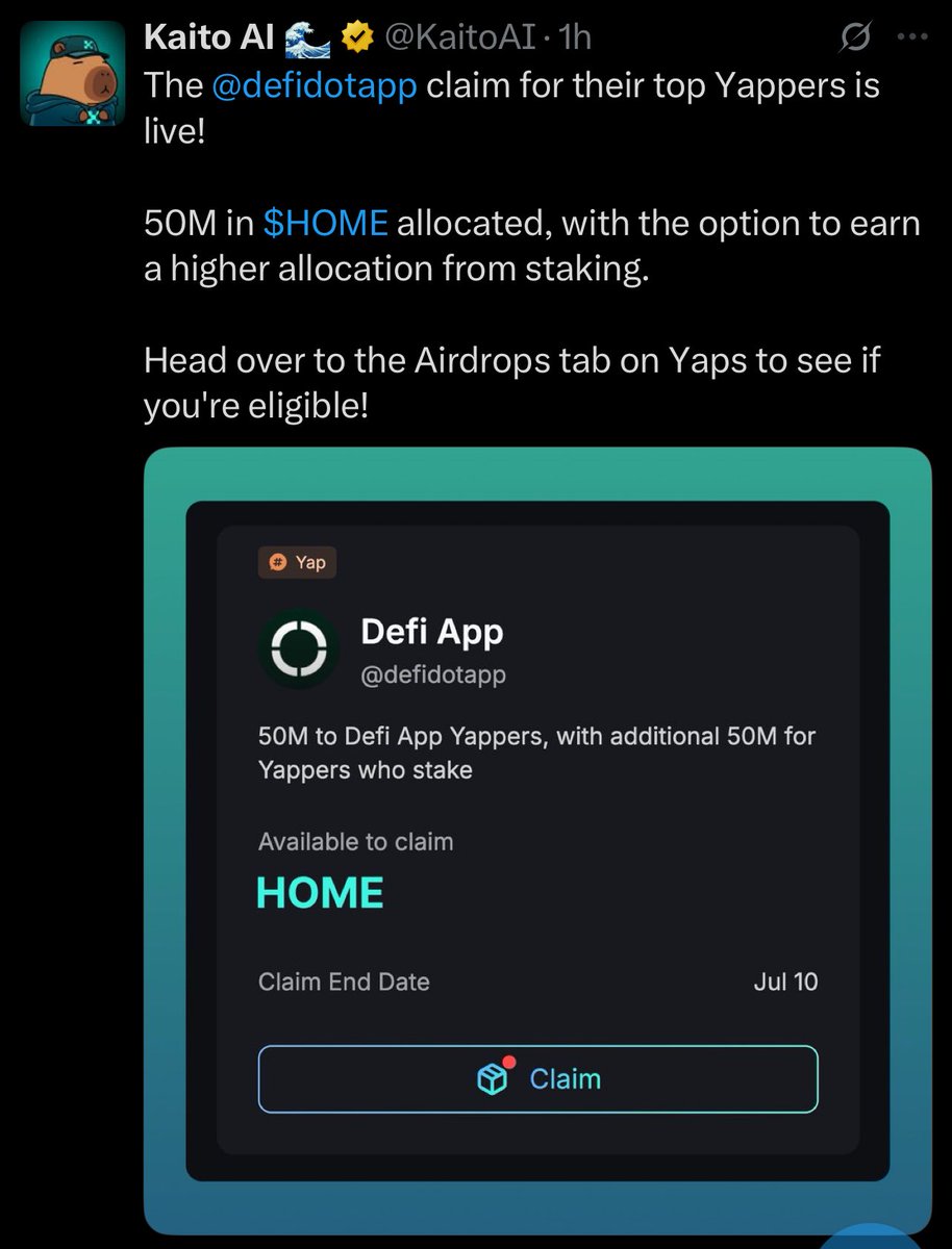 James_1849's tweet photo. Wow… big things happening in the Web3 world right now. 😮‍💨

@defiapp just hit #1 on the @KaitoAI leaderboard, and it’s honestly well deserved. From the beginning, they’ve been building something that goes beyond typical DeFi — a social layer where your reputation, interactions, and presence actually matter. And the community helped push them straight to the top. 🥇

Major shoutout to all the Yappers and early supporters who helped make this possible. The vibes around this project are different — organic, active, and growing fast. 💚

And that’s not even the best part…

They just launched a massive $HOME airdrop — 50 MILLION tokens are being distributed to the most engaged users on Yaps. If you’ve been posting, connecting, and contributing, your wallet might be eligible. 🪂

You can check by going to the Airdrops tab on Yaps — takes just a few seconds. And if you want to increase your allocation, there’s even a staking option available.

This isn’t your average airdrop. It actually rewards real users, not just wallets that farm and vanish. I’m really liking how @defiapp is approaching things — with community at the core.

If you’re into SocialFi or just want to see what a different kind of DeFi project looks like, keep an eye on this one. It’s still early.

More info, more updates, and more YAPPING coming soon 🗣️

#DeFi #HOME #Airdrop #YapperArmy #Web3Social #Crypto #DefiDot #KaitoLeaderboard #SocialFi