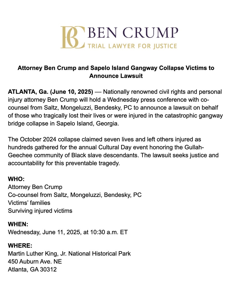 BenCrumpLaw's tweet image. MEDIA ALERT: Tomorrow, @AttorneyCrump and co-counsel will hold a press conference to announce a lawsuit on behalf of those who tragically lost their lives or were injured in the catastrophic 2024 gangway bridge collapse in Sapelo Island, Georgia.