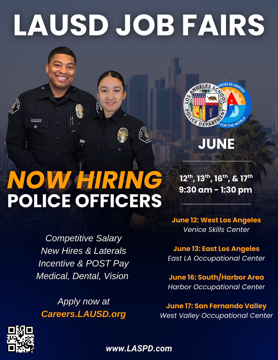 LA School Police (@laschoolpolice) on Twitter photo 🚨 Attention Potential Applicants
Join us on four dates at four locations for the upcoming #LAUSD Job Fairs.
Our recruitment team will be available to answer all your LASPD questions.
Visit LASPD.com to learn more about this event and RSVP. We’ll see you there! 🚨 Attention Potential Applicants
Join us on four dates at four locations for the upcoming #LAUSD Job Fairs.
Our recruitment team will be available to answer all your LASPD questions.
Visit LASPD.com to learn more about this event and RSVP. We’ll see you there!