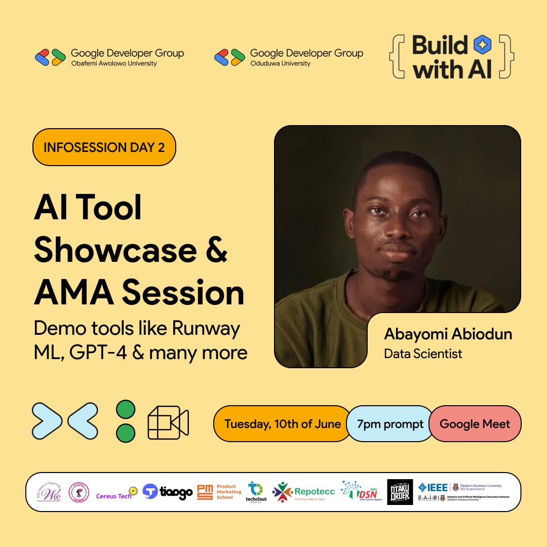 GDGOAU's tweet image. 🚀 Day 2 of Build with AI and we’re just getting started!
Abayomi is live, unpacking the power of AI and how you can build with it.

 Don’t miss the momentum!

Join the conversation 
meet.google.com/pbc-kyhc-nyq
#BuildWithAI 
#AIForDevelopers