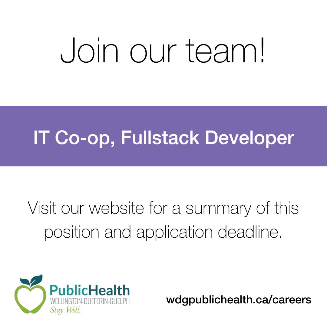 Join our team! We are currently recruiting for an IT Co-op, Fullstack Developer position. 💻 
Visit our website for the full job description, closing date, and application instructions: wdgpublichealth.ca/careers
