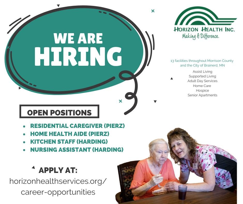 cdcmorrisonmn's tweet photo. 📢 #HorizonHealth is HIRING!
Make a difference in the lives of seniors &amp; individuals with disabilities.
•Home Health Aide PT
•Nursing Assistant FT
•Kitchen Staff FT
•Resident Caregiver/CNA PT
Apply! https://t.co/99tyuMQUfY
#CaringCareers #PierzMN #HardingMN #MorrisonCounty https://t.co/rrtcv4NNPf