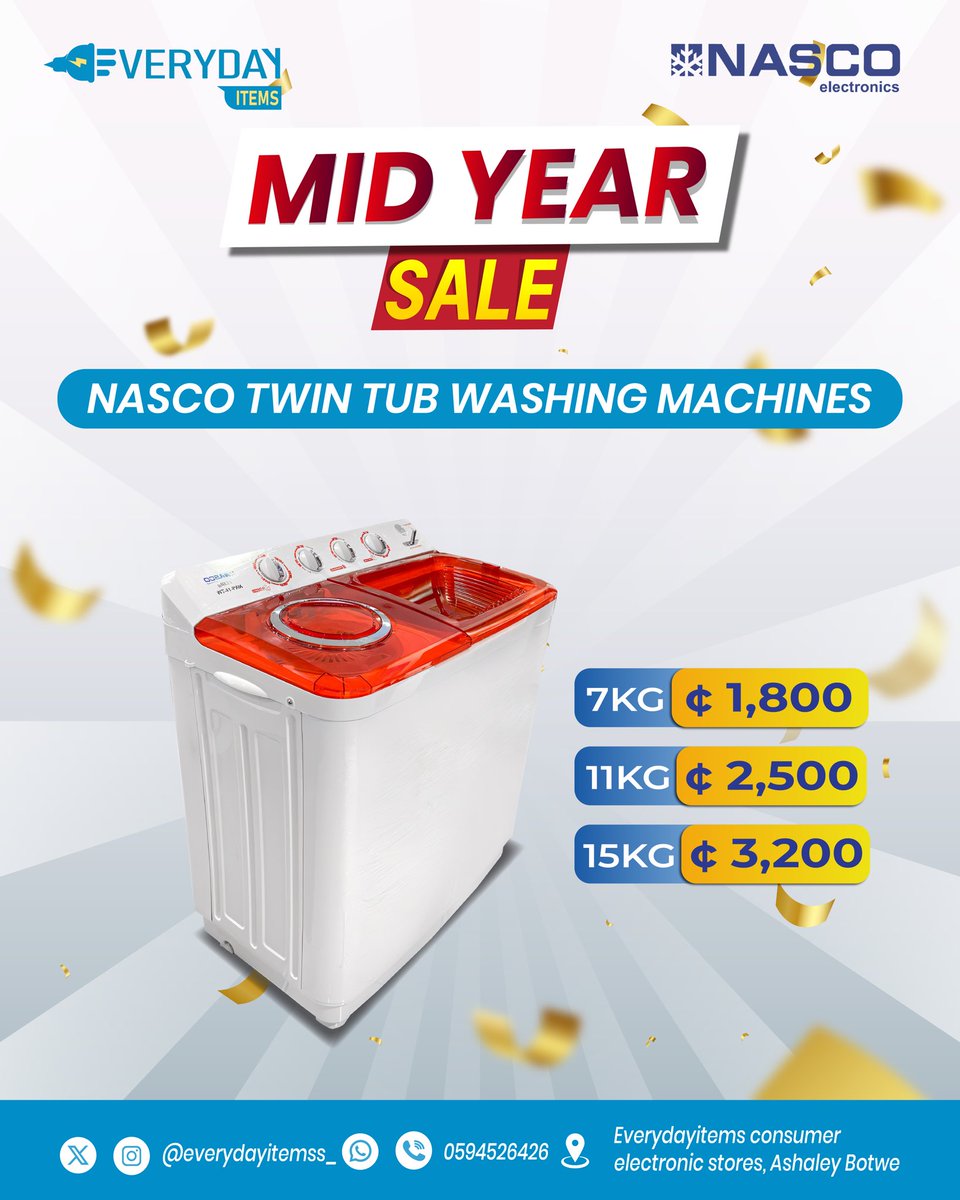 EverydayItemss_'s tweet photo. NASCO SEMI AUTOMATED TWIN TUB WASHING MACHINES 

📞 FOR MORE INFO CALL / TEXT 0594526426

📍 ASHALE BOTWE, EVERYDAYITEMS CONSUMER ELECTRONIC STORES ON GOOGLE MAPS. 

Valid till 30th June 2025. https://t.co/3kaIr84xb0