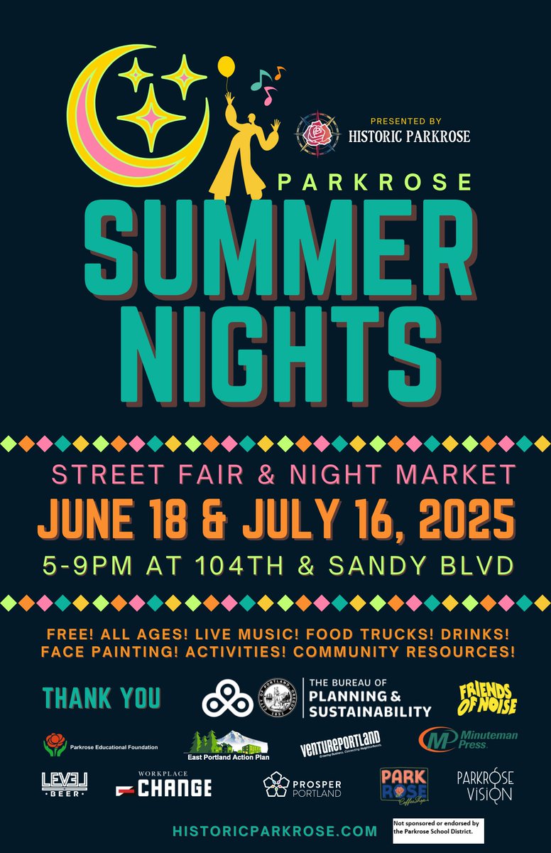 Historic Parkrose ~ Summer Nights

Street Fair &amp; Night Market
June 18 &amp; July 16, 2025
5-9pm at 104th &amp; Sandy Blvd.

FREE! ALL AGES! LIVE MUSIC! FOOD TRUCKS! DRINKS! FACE PAINTING! ACTIVITIES! COMMUNITY RESOURCES!