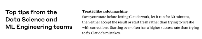 Claude Code for Data Science:

Anthropic's Top Tip: "Treat Claude Code like a slot machine."

1. Save your work
2. Let Claude Code work for 30 minutes
3. If it didn't work, restore your work and start again

Great advice from the same company that claims this "slot machine" will