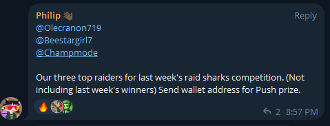 GPUSH!

A new week, and another 3 winners in our TG who won $PUSH for being active there!

Don't miss this and join our TG, start supporting and being active, and climb the leaderboard with others!

LFPUSH!