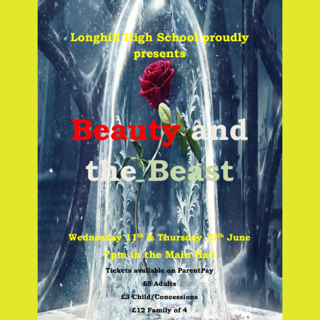 Longhill High School’s Performing Arts Department proudly presents Beauty and the Beast! 🏰🌹

📅 Dates: 11th &amp; 12th June 2025
📍 Venue: Main School Hall
🎟 Tickets: £5 Adults, £3 Child and Concessions, £12 Family of 4

#LonghillHighSchool #performingarts #beautyandthebeast