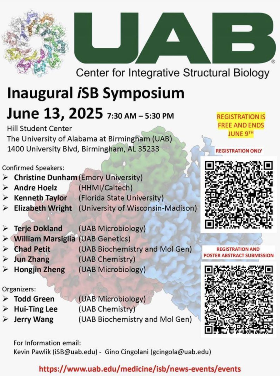 This week! Dr. Terje Dokland and Dr. Hongjin Zheng will be presenting at the <a href="/UABHeersink/">UAB Heersink School of Medicine</a> Center for Integrative Structural Biology Inagural iSB Symposium this Friday, June 13, organized in part by Dr. Todd Green. See you there!