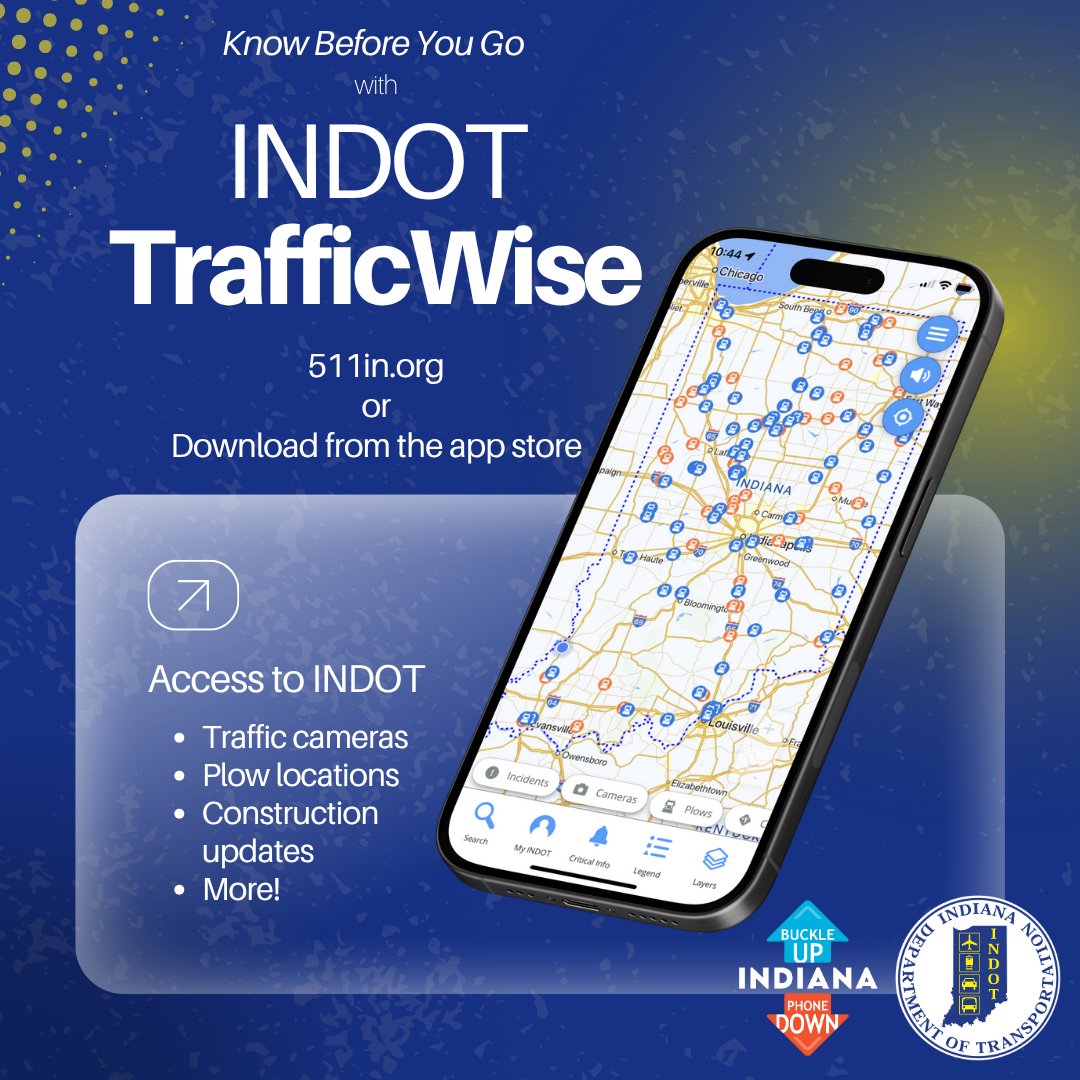 💭 Did you know there is a convenient way to find out the latest on INDOT road projects? 

Use the INDOT TrafficWise app or head to 511in.org for all the information you need to 'know before you go'.