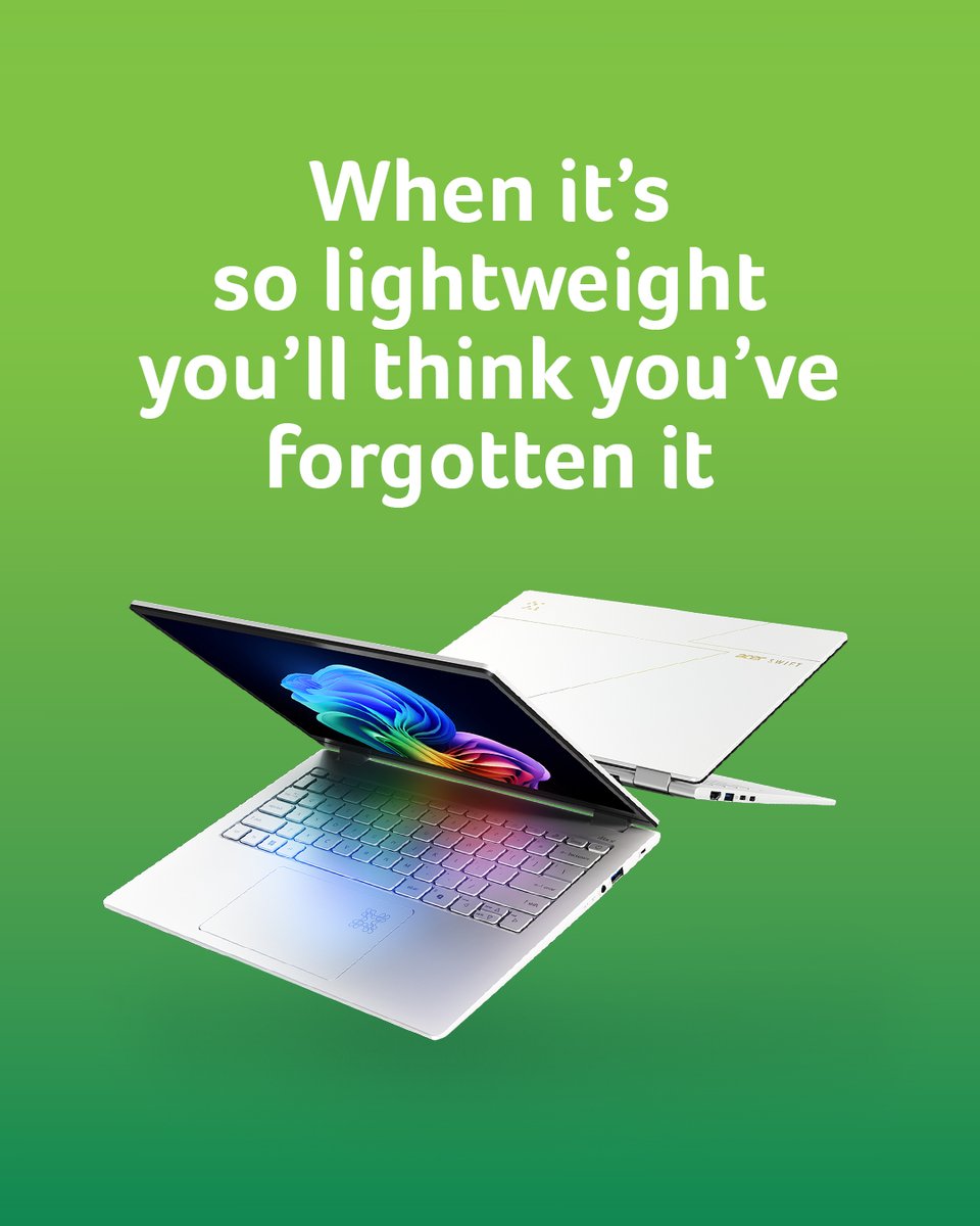 Weighing under 1kg the Swift Edge 14 AI is our lightest laptop yet! So light, you might have that mild panic when you get to work🤭🪶

#Acer #AcerProduct #AcerSwift14AI #LightLaptops

​acer.com/us-en/laptops/…