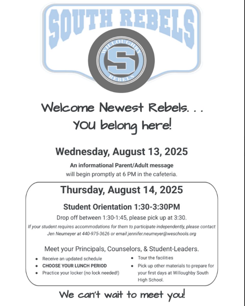 📣 📅Attention incoming freshmen and new students to Willoughby South High School! Mark your calendars for orientation and the parent meeting happening this August. Save the dates! #MyChoiceWilloughbyEastlake #WEareonthemove