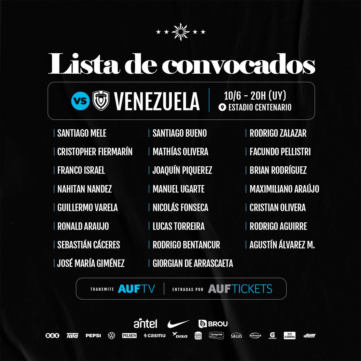 Uruguay's tweet photo. 📄 𝐂𝐨𝐧𝐯𝐨𝐜𝐚𝐝𝐨𝐬
Estos son los 23 futbolistas que Marcelo Bielsa tendrá a disposición para enfrentar a Venezuela por Eliminatorias.
📺 https://t.co/qVMBrYKoRh
🎟️ https://t.co/vqqqTqtlNO
#ElEquipoQueNosUne https://t.co/yPtw2lz8E4