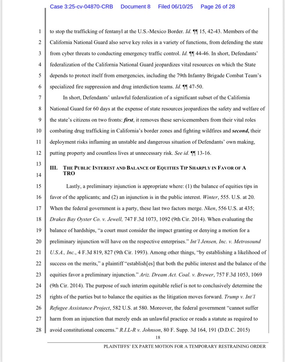 ZavalaA's tweet image. In emergency motion, Gov. Newsom/CA ask court to issue temporary restraining order against Trump admin deployment of National Guard &amp;amp; Marines. 

“Put simply, soldiers patrolling the streets of LA have not made anyone safer, indeed the opposite is true.”