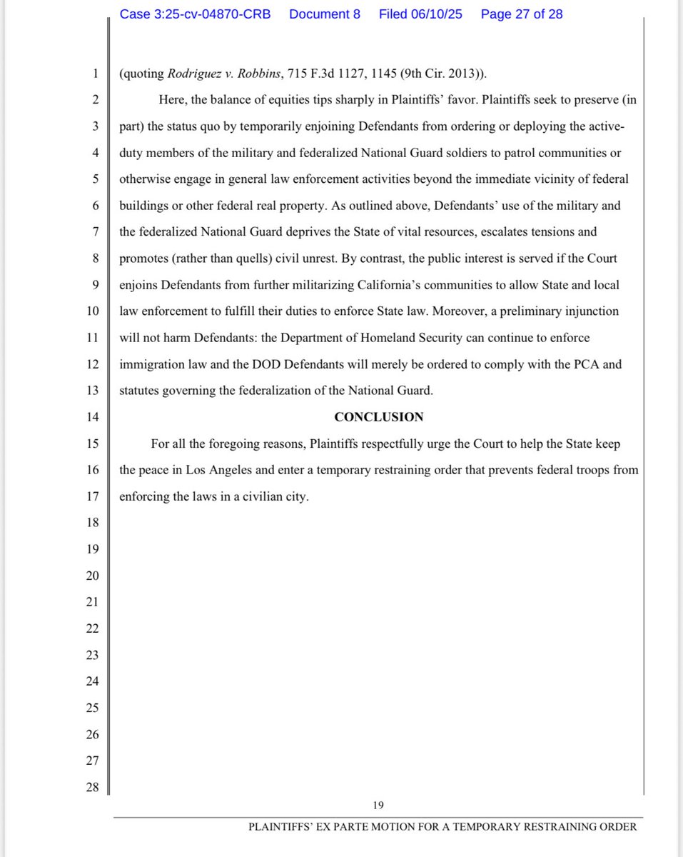 ZavalaA's tweet image. In emergency motion, Gov. Newsom/CA ask court to issue temporary restraining order against Trump admin deployment of National Guard &amp;amp; Marines. 

“Put simply, soldiers patrolling the streets of LA have not made anyone safer, indeed the opposite is true.”