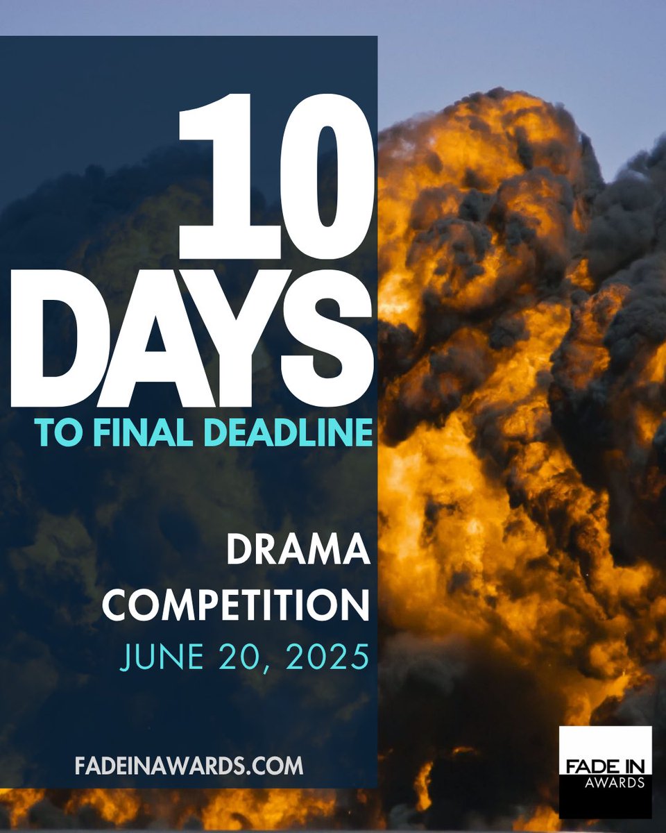 10 Days Left!

29th DRAMA COMPETITION 
Final Deadline: June 20

Looking for original, infectious plots set in different worlds, w/solid characters &amp; crisp dialogue.

Win 2025 <a href="/fadeinpitchfest/">Hollywood Pitch Fest</a> Pass, Cash, <a href="/NextLevelScribe/">Next-Level Scribe</a> Session, <a href="/GreenLitMovie/">Greenlightmymovie</a> Subs

fadeinonline.com/post/action-sc…