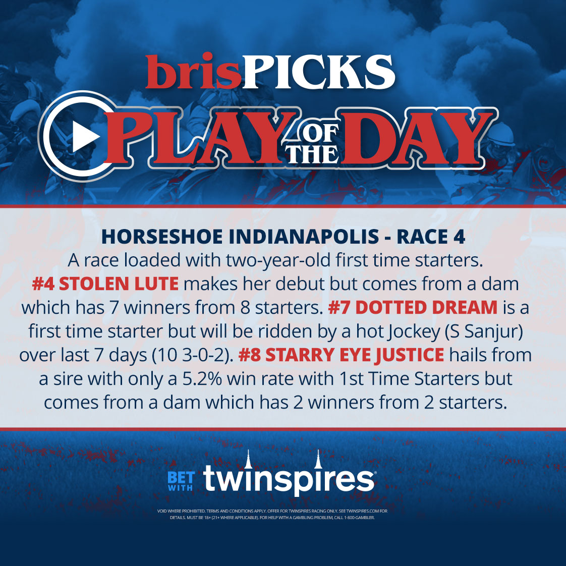 Brisnet.com (@brisnet) on Twitter photo Today's brisPICKS Play of the Day comes in Race 4 <a href="/HorseshoeIndy/">Horseshoe Indianapolis</a>, where <a href="/TwinSpires/">TwinSpires Racing π</a> is hosting a $200 Horseshoe Indianapolis Feeder tournament to the 6/14 Churchill Downs SFBC Qualifier today! π° Today's brisPICKS Play of the Day comes in Race 4 <a href="/HorseshoeIndy/">Horseshoe Indianapolis</a>, where <a href="/TwinSpires/">TwinSpires Racing π</a> is hosting a $200 Horseshoe Indianapolis Feeder tournament to the 6/14 Churchill Downs SFBC Qualifier today! π°