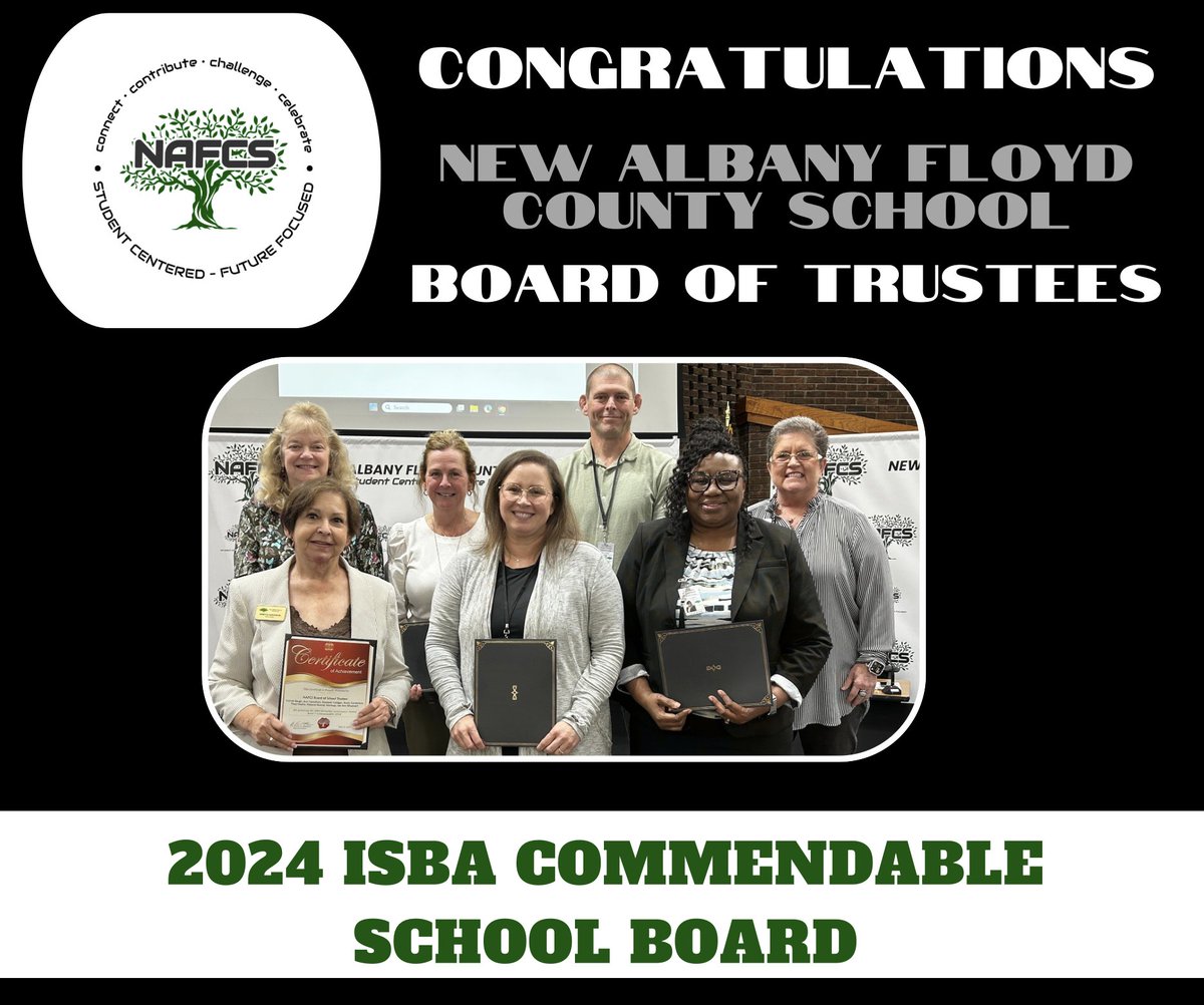 👏 Congrats to the NAFC School Board for earning the ‘Commendable Board’ honor from the ISBA! 

Only 124 boards statewide received this recognition for strong leadership and commitment to student success. Thank you, board members! 

#NAFCSuccess