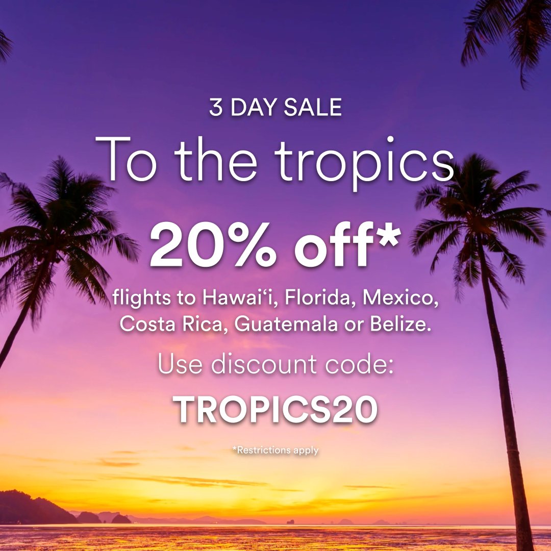 AlaskaAir's tweet image. To the tropics! Use code: TROPICS20 by June 12, 2025 for 20% off flights to Mexico, Belize, Hawai‘i, Florida and more. Restrictions apply. bit.ly/3ZVU7bS