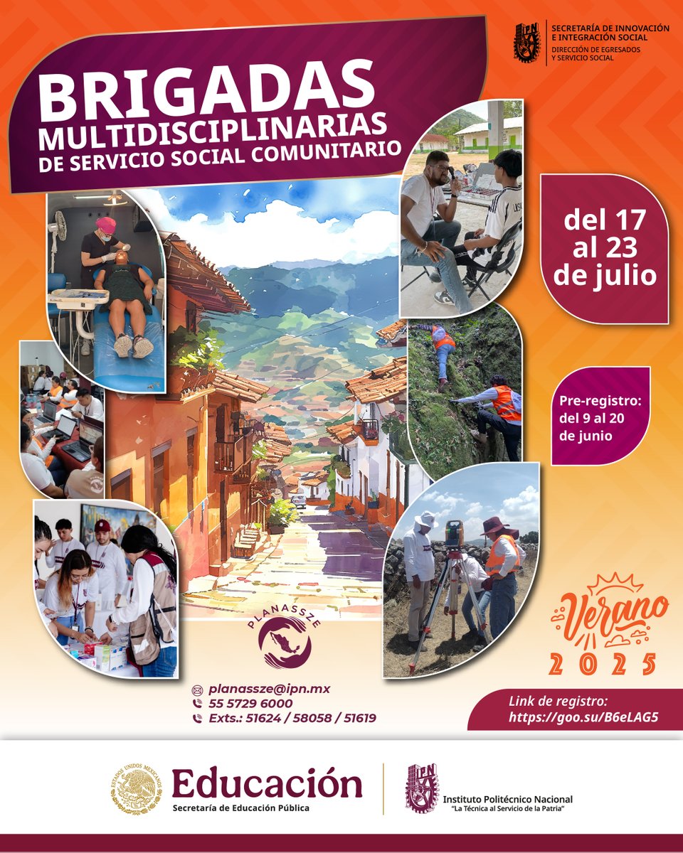 ¡Haz que tu vocación deje huella!
Súmate a las Brigadas Multidisciplinarias de Servicio Social Comunitario Verano 2025 y vive una experiencia transformadora
📅 Convocatoria: 9 al 20 de junio
📄 Consulta: ipn.mx/.../Servicioso…
Regístrate: forms.office.com/r/RQA5tywM8K