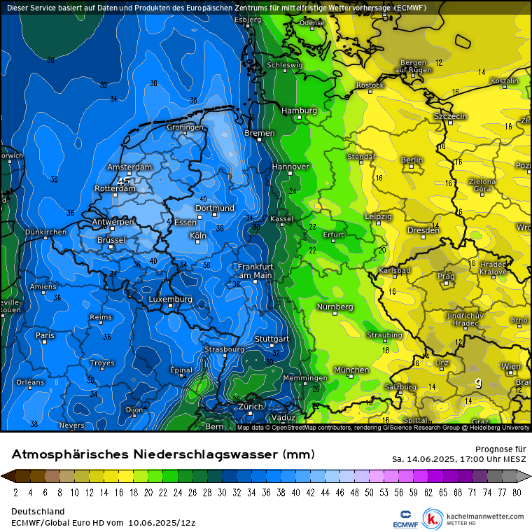 Eine schwülheiße und potenziell explosive Suppe (Gewitter) deuten die Modelle am Samstag im Westen an. Schwerpunkte eventuell NRW/NDS? Sehr hohe Feuchte, viel Energie und alle rechnen auch Zündung. Details bleiben abzuwarten:
kachelmannwetter.com/de/modellkarte…