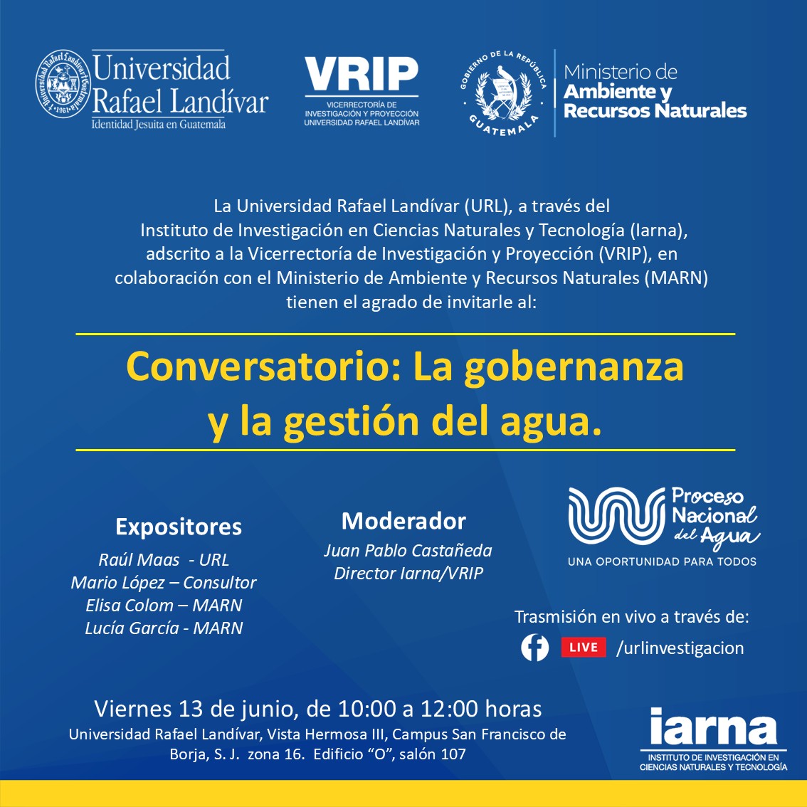 👉Cordialmente invitados al conversatorio: la gobernanza y la gestión del agua. 💦

Una actividad en colaboración con el MARN.

📆 Viernes 13 de junio de 2025
⏱10:00 a 12:00 horas
📍URL, Campus Central, Salón O-107
📲FB Live: /urlinvestigación

¡Les esperamos!