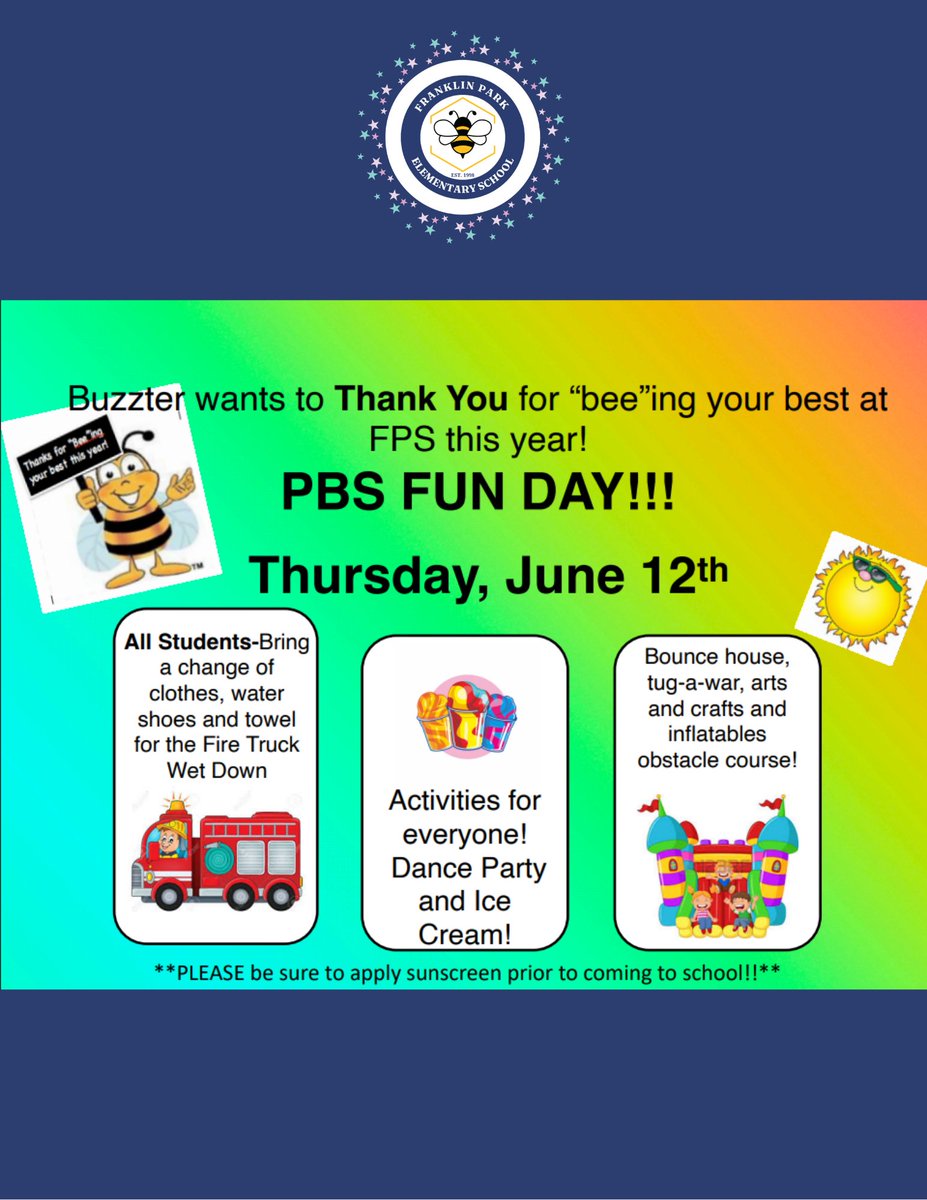 PBS Fun Day is coming on June 12th! Don't forget a change of clothes, shoes, towel and to apply sunscreen #wethriveatthehive #celebratingeverybeeinunity <a href="/FPS_Stein_FTPS/">Jennifer Stein</a> <a href="/VP_JYoung_FTPS/">Jessica Young</a>