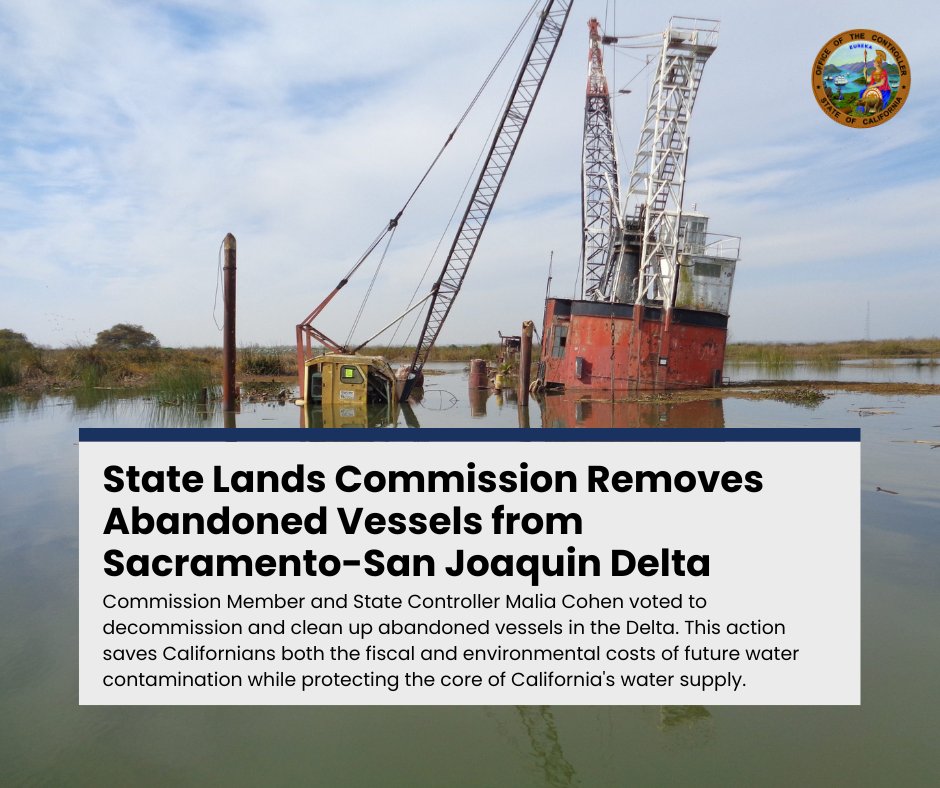CA State Controller (@cacontroller) on Twitter photo Controller Malia Cohen, <a href="/CAStateLands/">CA State Lands</a> Commissioner, voted to decommission and clean up abandoned vessels in the Delta.
To learn more, read the press release here: slc.ca.gov/press-release/… Controller Malia Cohen, <a href="/CAStateLands/">CA State Lands</a> Commissioner, voted to decommission and clean up abandoned vessels in the Delta.
To learn more, read the press release here: slc.ca.gov/press-release/…