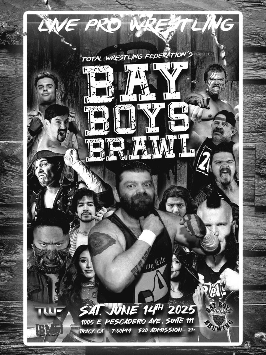 Total Wrestling Federation (@twfwrestling) on Twitter photo THIS SATURDAY! Tix: link/door: eventbrite.com/e/twf-bay-boysâŚ
TWF Bay Boys Brawl
live pro wrestling
Sat June 14
BayBoysBrewing
1005 E Pescadero Ave
Tracy,CA
7pm
$20
Age 21+
<a href="/BrittanyWonder/">Brittany Wonder</a> <a href="/mikoxalana/">Miko Alana</a> <a href="/snoringelbow/">Vinnie Massaro</a> <a href="/MichaelHayashi/">Michael Hayashi</a> <a href="/Mighty1Mayra/">Mayra</a> <a href="/insidebjjMatt/">BigMF</a> <a href="/legendbaby81/">david luster</a> <a href="/D_Torch/">Daniel Torch</a> THIS SATURDAY! Tix: link/door: eventbrite.com/e/twf-bay-boysâŚ
TWF Bay Boys Brawl
live pro wrestling
Sat June 14
BayBoysBrewing
1005 E Pescadero Ave
Tracy,CA
7pm
$20
Age 21+
<a href="/BrittanyWonder/">Brittany Wonder</a> <a href="/mikoxalana/">Miko Alana</a> <a href="/snoringelbow/">Vinnie Massaro</a> <a href="/MichaelHayashi/">Michael Hayashi</a> <a href="/Mighty1Mayra/">Mayra</a> <a href="/insidebjjMatt/">BigMF</a> <a href="/legendbaby81/">david luster</a> <a href="/D_Torch/">Daniel Torch</a>