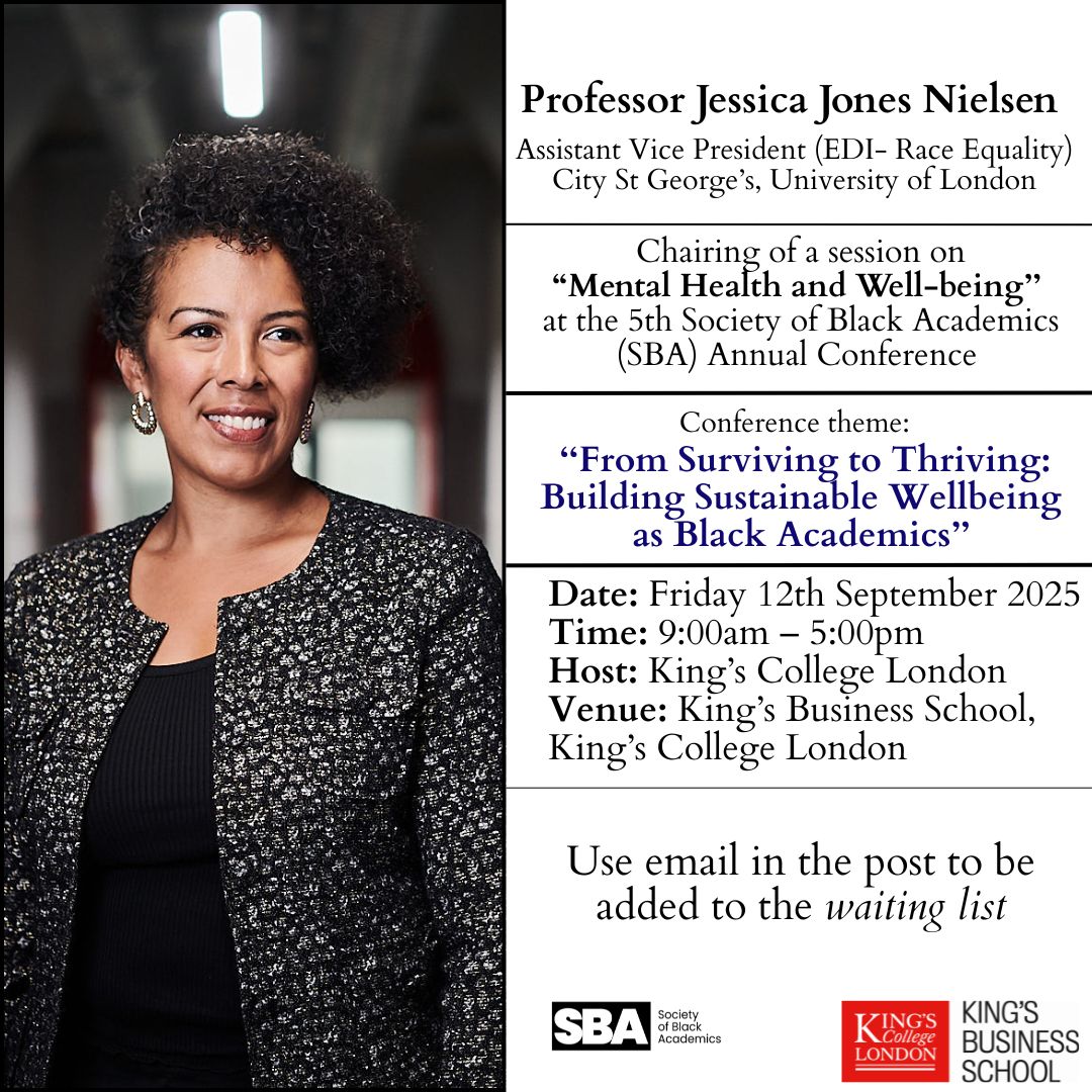 Jessica (Jones) Nielsen — Assistant Vice President (EDI- Race Equality) at City St George’s, University of London, and Professor of Psychology — will be joining us at the 5th Annual Society of Black Academics Conference!

More: linkedin.com/feed/update/ur…