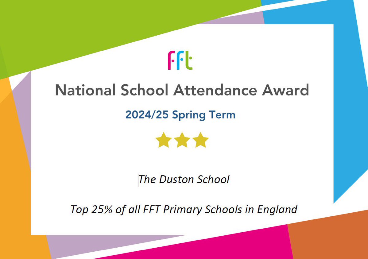 We are delighted to have, again, been recognised by FFT for having attendance in the top 25% of primary schools in England. 

A huge thank you to our wonderful families for their support.