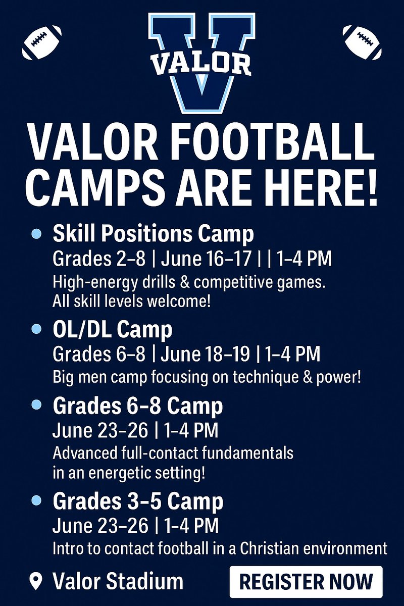 Valor Football Camps Start NEXT WEEK!
It’s not too late to get your kid signed up!
Sign up TODAY RIGHT HERE:
campscui.active.com/orgs/ValorChri…