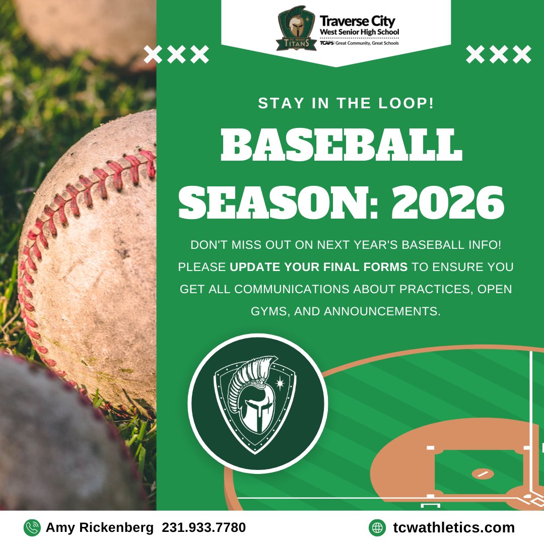 Traverse City West Baseball (@tcwbaseball) on Twitter photo Action Required! ⚾ Stay in the loop for next year's baseball! Parents & Players, update your Final Forms now at traversecity-mi.finalforms.com to get all tryout & practice info. Contact Amy at 231-933-7780 with questions.
<a href="/CoachWagner31/">Coach Wagner</a>
<a href="/TCWSHTitans/">Traverse City West Senior High School</a>
<a href="/tcwestathletics/">Traverse City West Athletics</a> Action Required! ⚾ Stay in the loop for next year's baseball! Parents & Players, update your Final Forms now at traversecity-mi.finalforms.com to get all tryout & practice info. Contact Amy at 231-933-7780 with questions.
<a href="/CoachWagner31/">Coach Wagner</a>
<a href="/TCWSHTitans/">Traverse City West Senior High School</a>
<a href="/tcwestathletics/">Traverse City West Athletics</a>