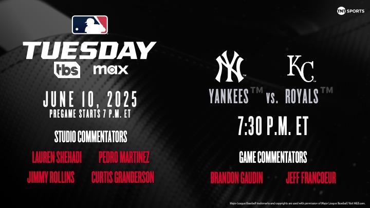 TNT Sports U.S. PR (@tntsportsus) on Twitter photo ๐จ: A 2024 ALDS rematch tonight in KC!
๐ข: 7:30 p.m. ET
โพ๏ธ: <a href="/Yankees/">New York Yankees</a> vs. <a href="/Royals/">Kansas City Royals</a>
๐บ: TBS and <a href="/SportsonMax/">Sports on Max</a>
๐๏ธ: <a href="/BrandonGaudin/">Brandon Gaudin</a> and Jeff Francoeur
Catch <a href="/45PedroMartinez/">Pedro Martinez</a> <a href="/JimmyRollins11/">JIMMY ROLLINS</a> <a href="/cgrand3/">Curtis Granderson</a> & <a href="/LaurenShehadi/">Lauren Shehadi</a> at 7 p.m. ET for pregame coverage ๐จ: A 2024 ALDS rematch tonight in KC!
๐ข: 7:30 p.m. ET
โพ๏ธ: <a href="/Yankees/">New York Yankees</a> vs. <a href="/Royals/">Kansas City Royals</a>
๐บ: TBS and <a href="/SportsonMax/">Sports on Max</a>
๐๏ธ: <a href="/BrandonGaudin/">Brandon Gaudin</a> and Jeff Francoeur
Catch <a href="/45PedroMartinez/">Pedro Martinez</a> <a href="/JimmyRollins11/">JIMMY ROLLINS</a> <a href="/cgrand3/">Curtis Granderson</a> & <a href="/LaurenShehadi/">Lauren Shehadi</a> at 7 p.m. ET for pregame coverage