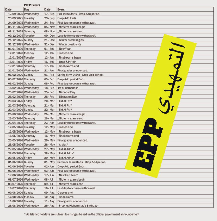 🚨📌📌
عاجل 🗓️
كل التواريخ اللي تحتاجها للسنة الدراسية 2025-2026 ..✅
بالتفصيل الممل مع التوقعات للعطل والشرح كامل 🤝
.
.
UG التخصص
والتمهيدي EPP
.

#خلها_عندك 📌🤝
