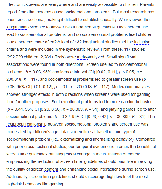 DTWillingham's tweet image. Does screen use lead to socioemotional problems in children, or do socioemotional problems prompt children to engage in more screen time? Both, concludes a meta-analysis of longitudinal studies, and both effects are small (open) psycnet.apa.org/fulltext/2026-…